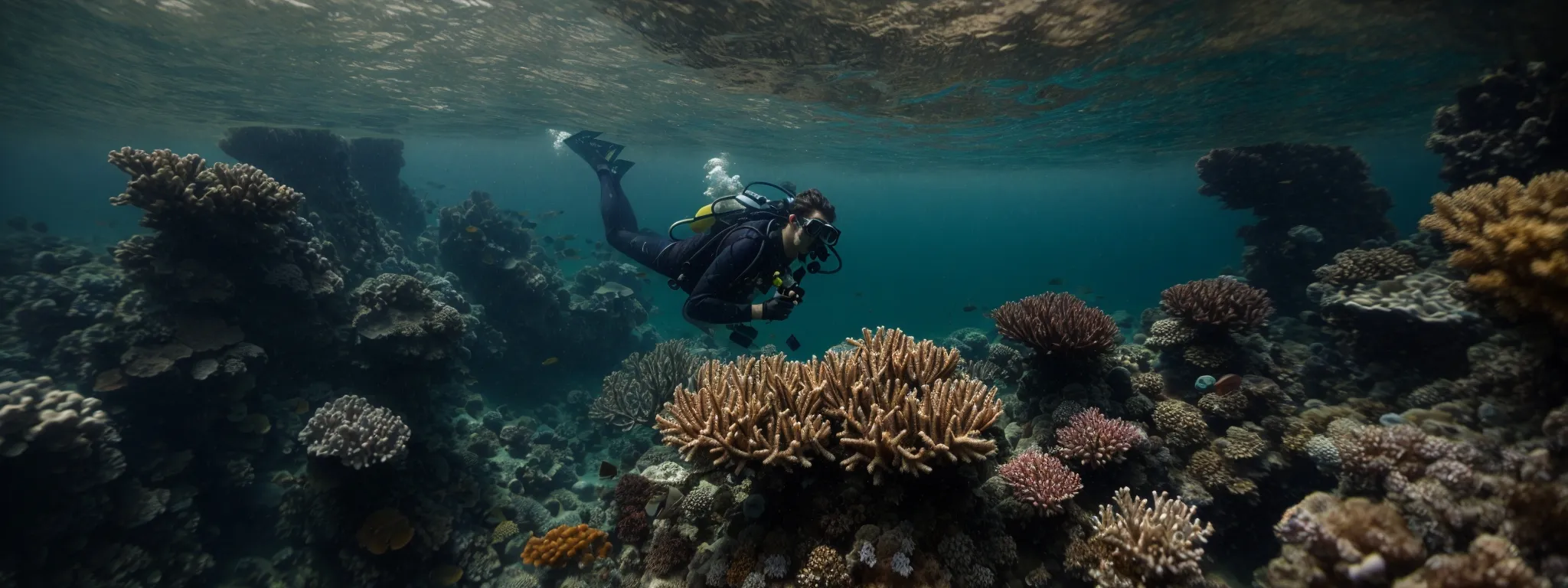 a diver descending with a checklist in hand amid the structural complexity of a coral reef.