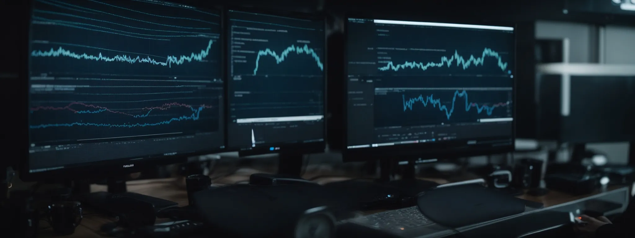 a focused individual monitors analytics on a large computer screen, charting the fluctuating success of various keywords.