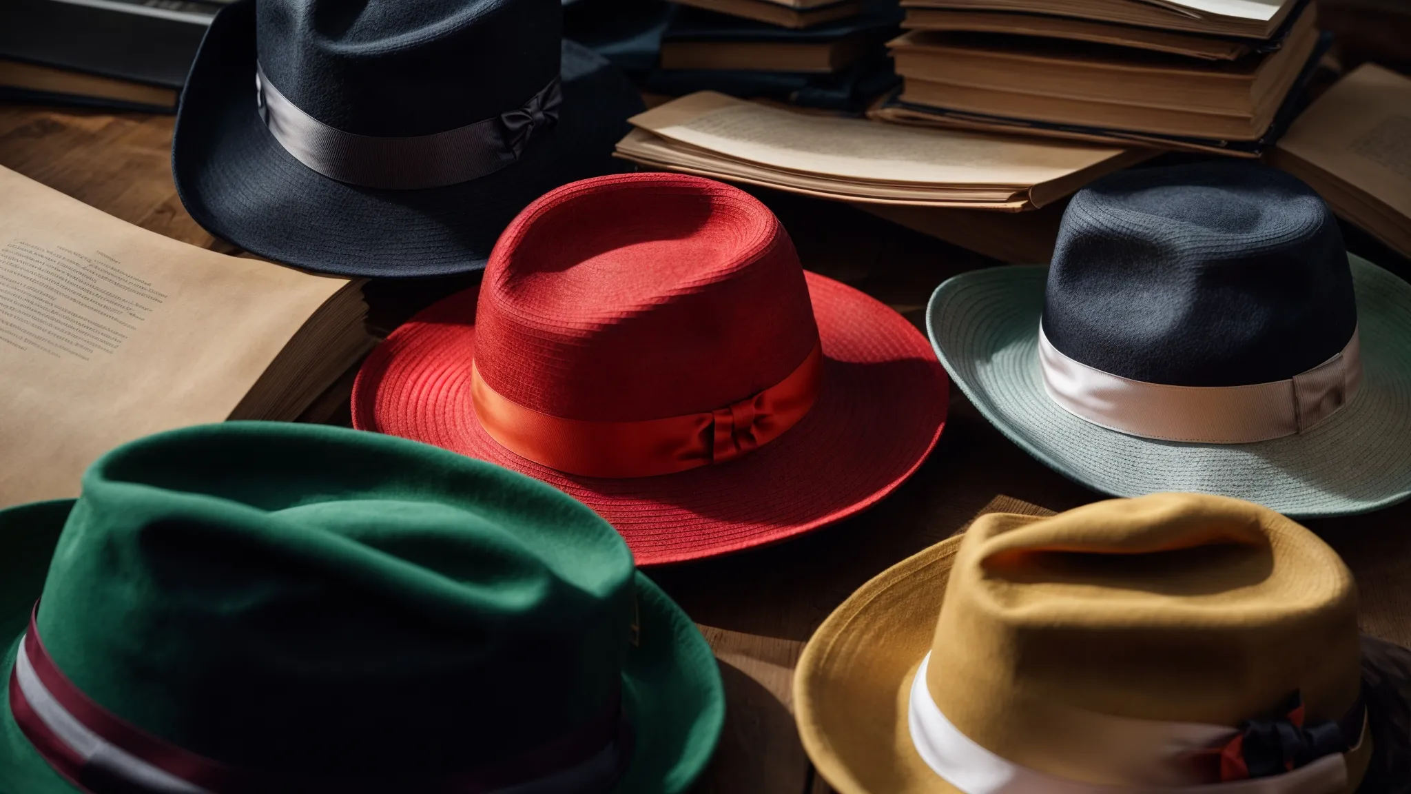 a stack of three different colored hats resting on an open book about digital marketing tactics.