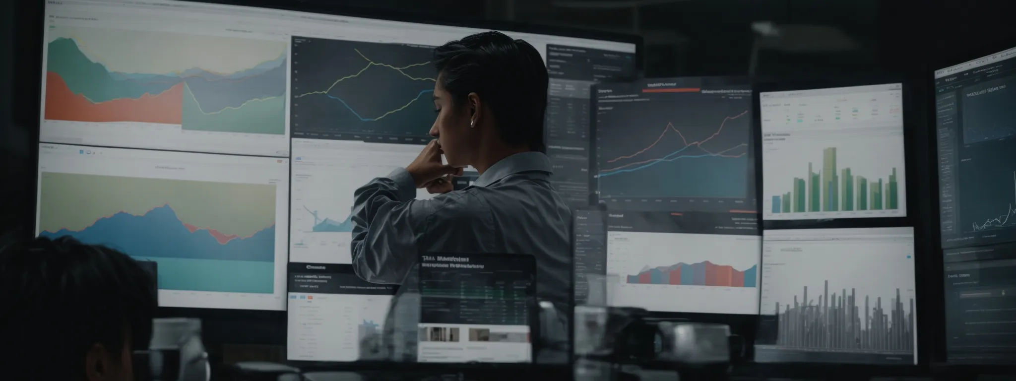 a marketer scrutinizes a computer dashboard displaying analytics and seo metrics while examining various graphs and charts.
