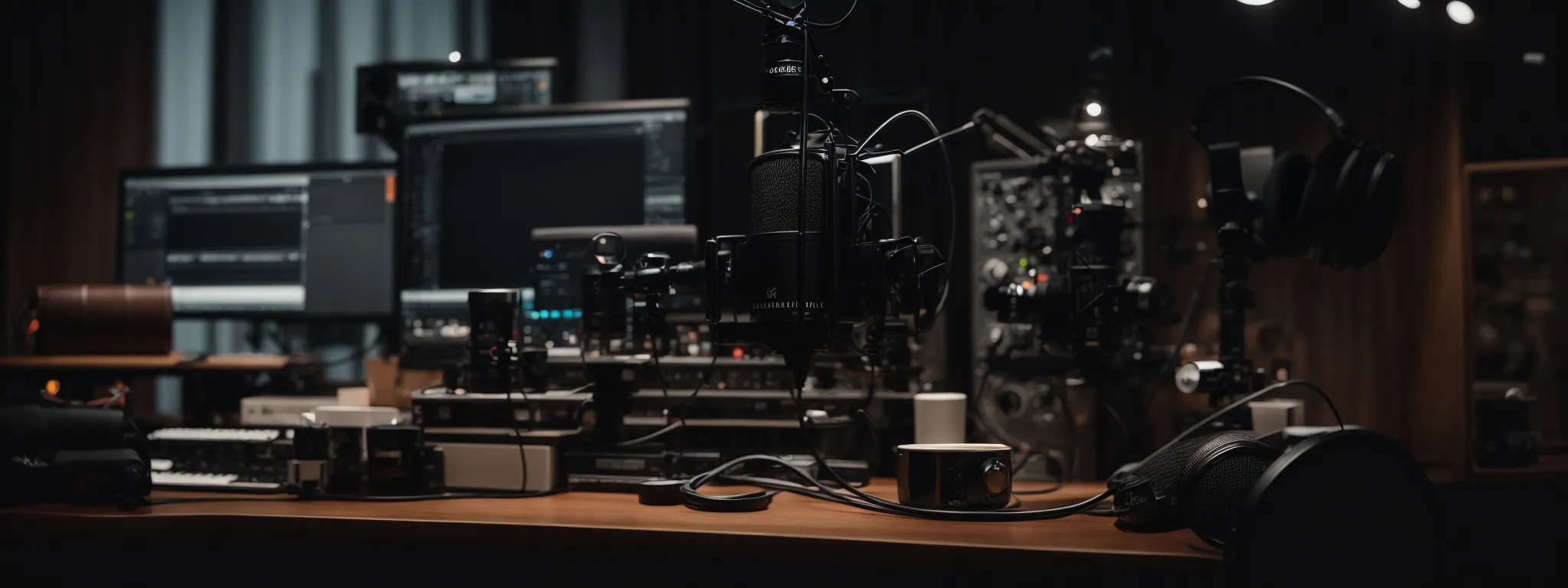 a podcast studio with microphones and headphones awaits the arrival of leading seo experts for an insightful recording session.