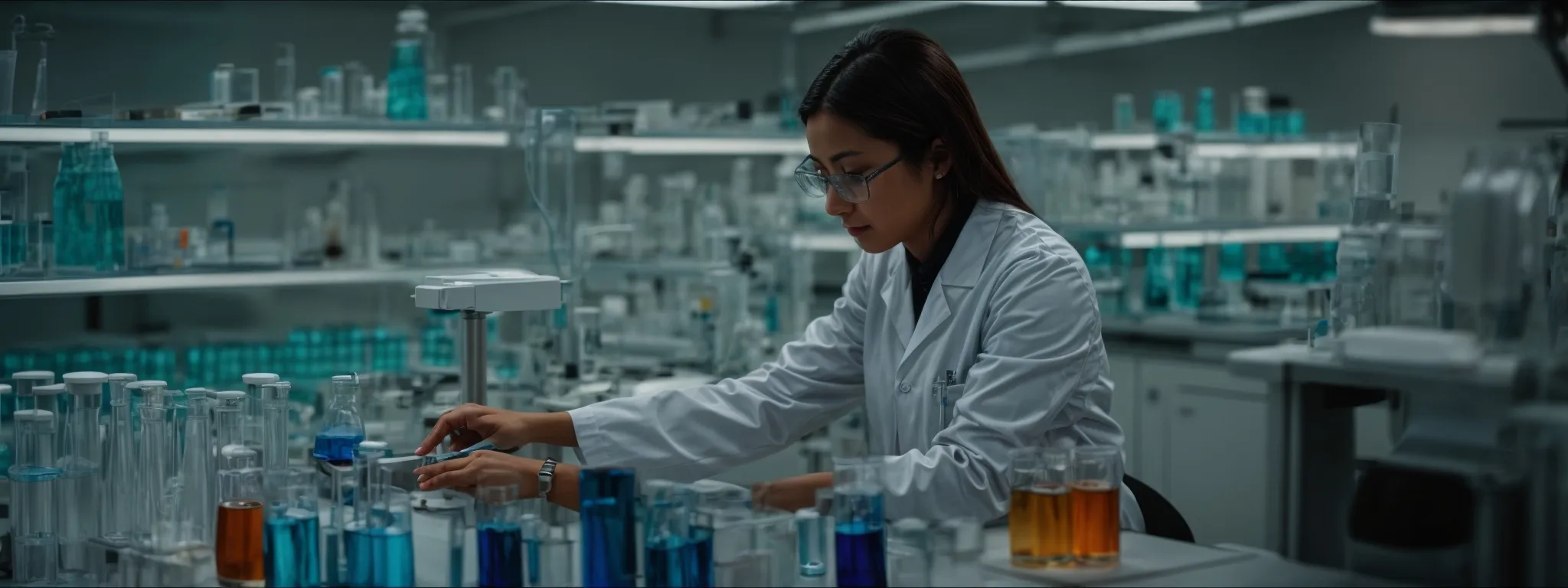 a researcher in a lab coat meticulously arranges sample containers on a pristine lab bench.