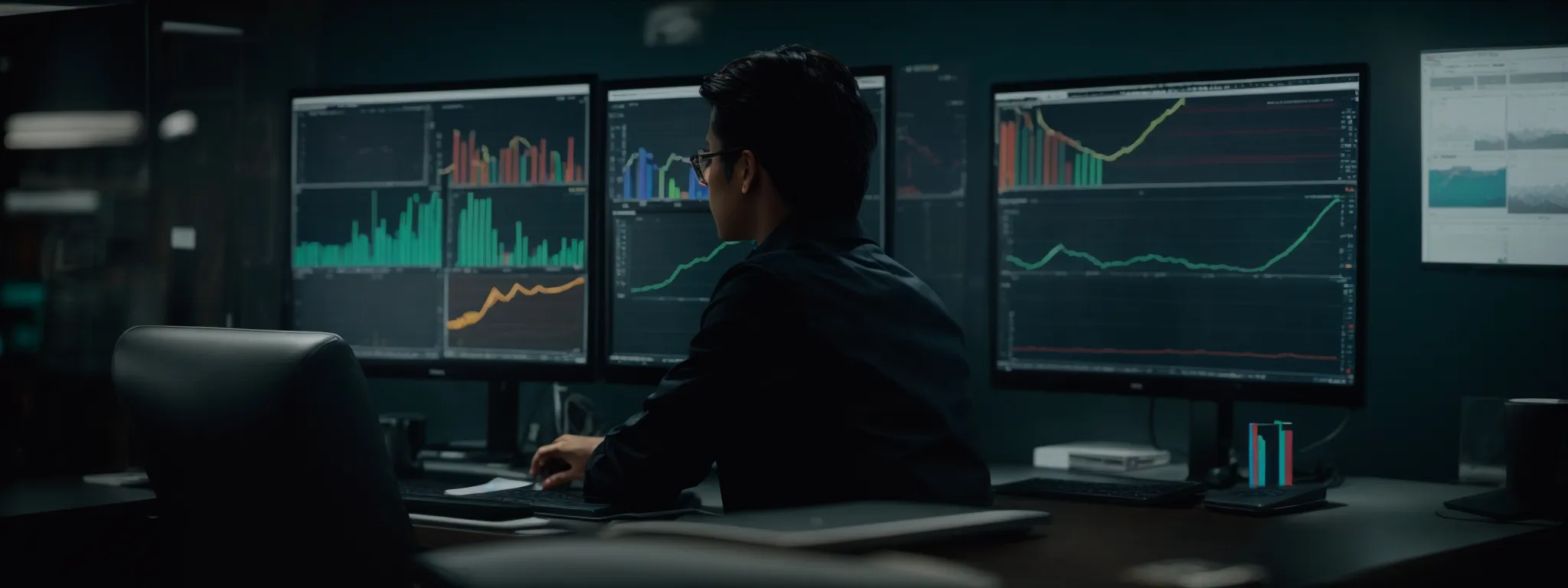 a professional peering at a sleek, modern computer monitor displaying colorful analytics charts.