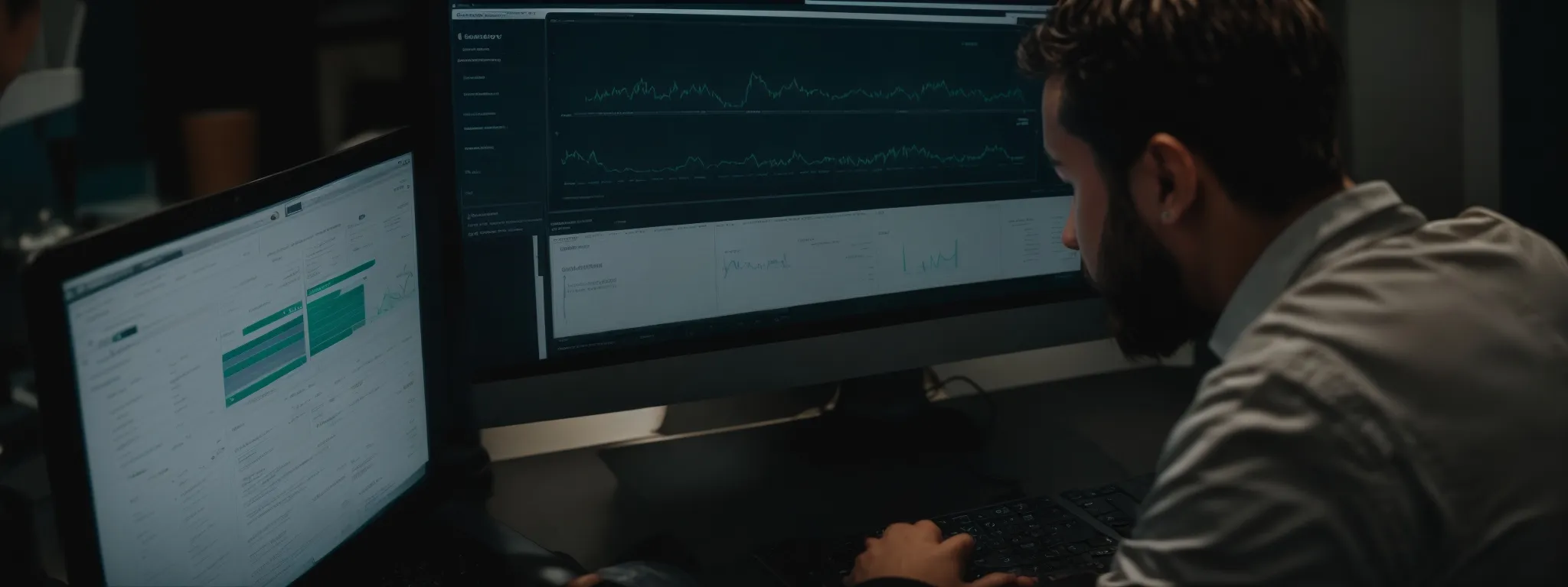 a digital marketer reviews analytics on a computer dashboard demonstrating multi-platform campaign performance.