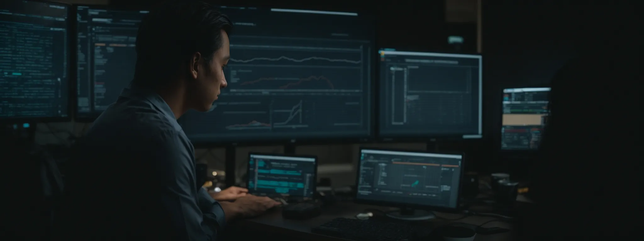 a writer is gazing thoughtfully at a large computer screen displaying drafts and analytics while artificial intelligence software interface elements slightly blur in the background.