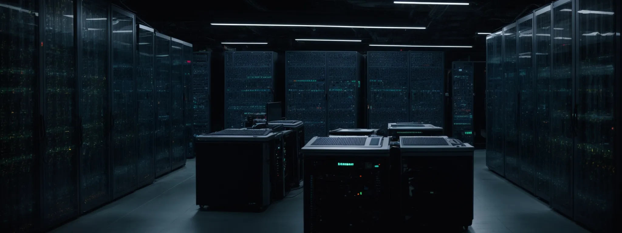 a server room with rows of computers, indicating advanced technical infrastructure supporting seo analytics.