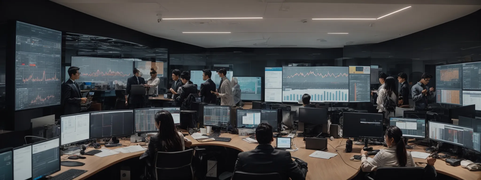 a bustling digital marketing office with teams collaboratively planning and strategizing around a large screen displaying analytics graphs.