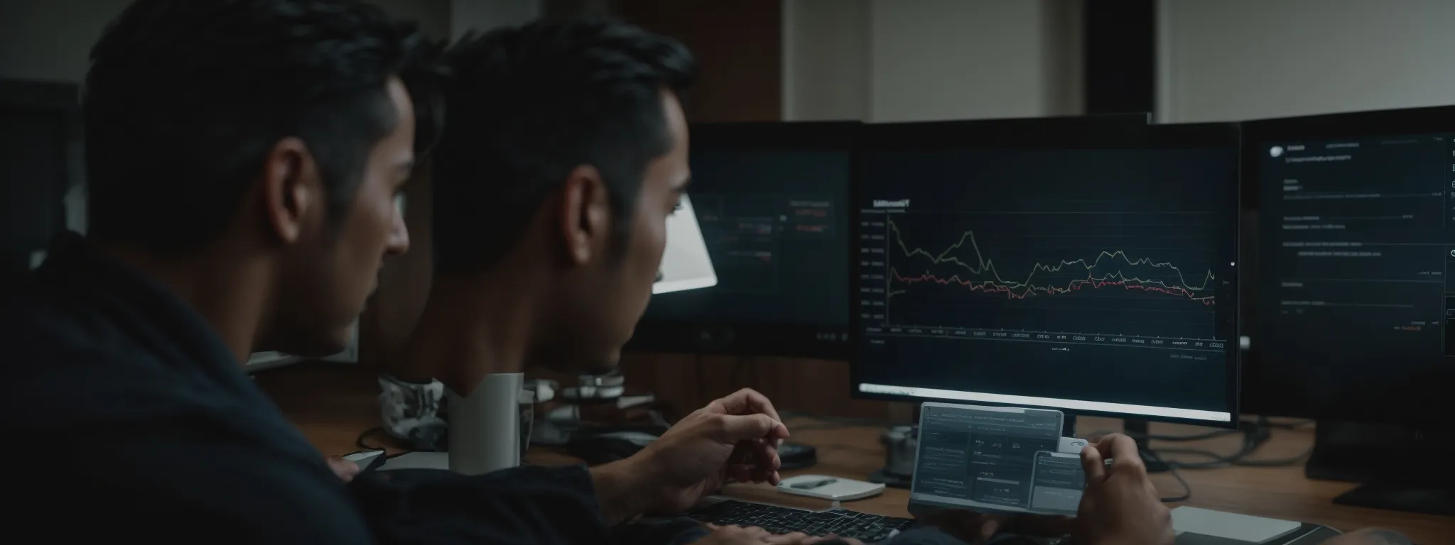 a marketer analyzes graphs on a computer dashboard, strategizing over a digital marketing campaign.