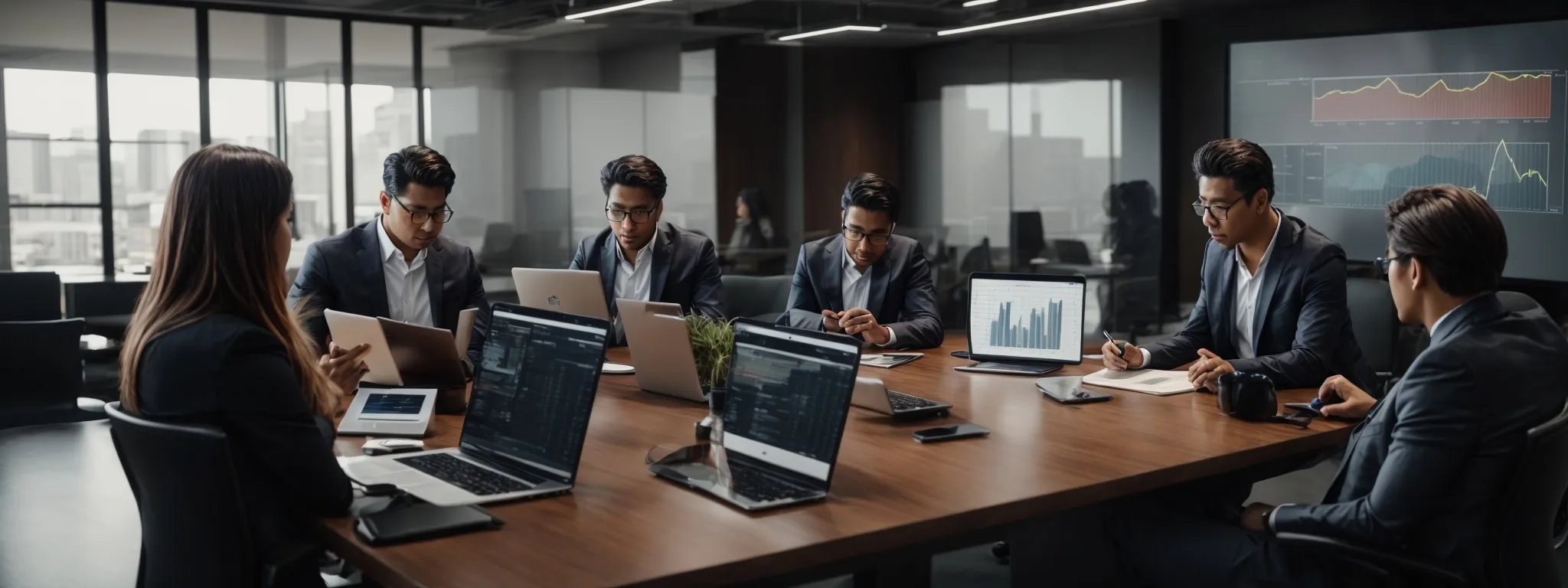 a team of professionals strategizing around a conference table with multiple digital devices displaying graphs and analytics.