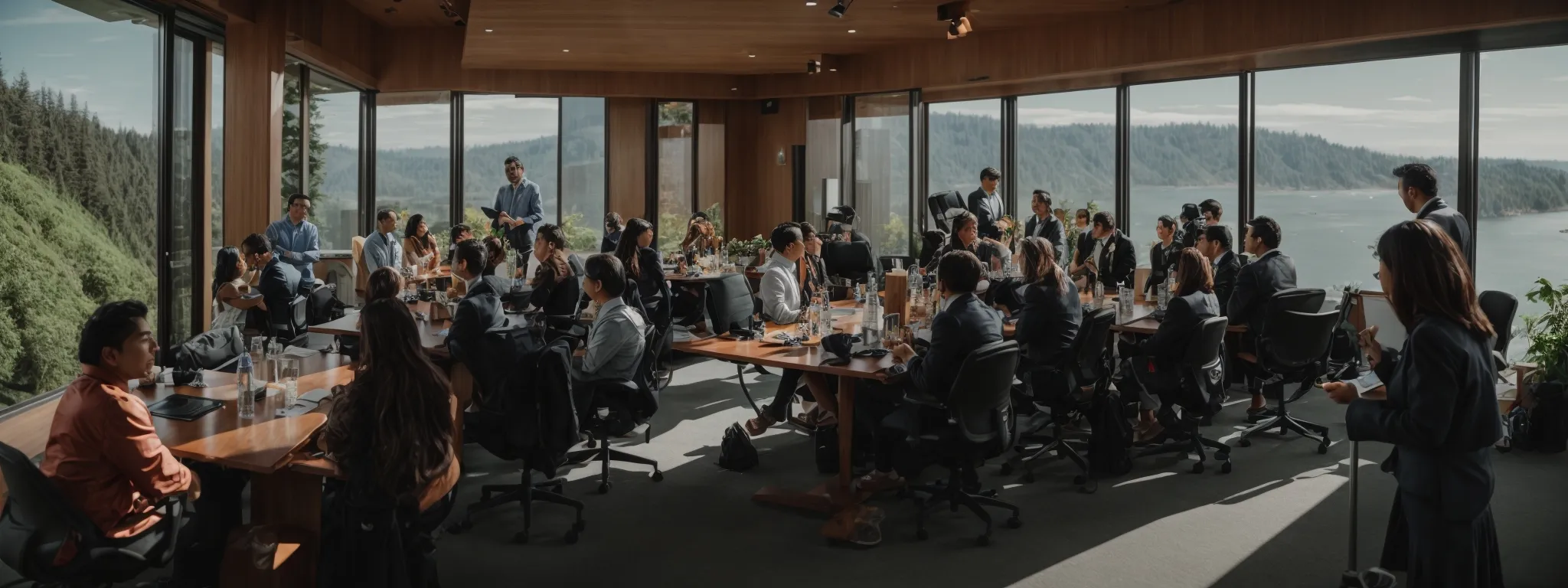a lively portland workshop with a group of professionals gathered around a conference table, immersed in an seo training session amidst panoramic views of the lush pacific northwest.