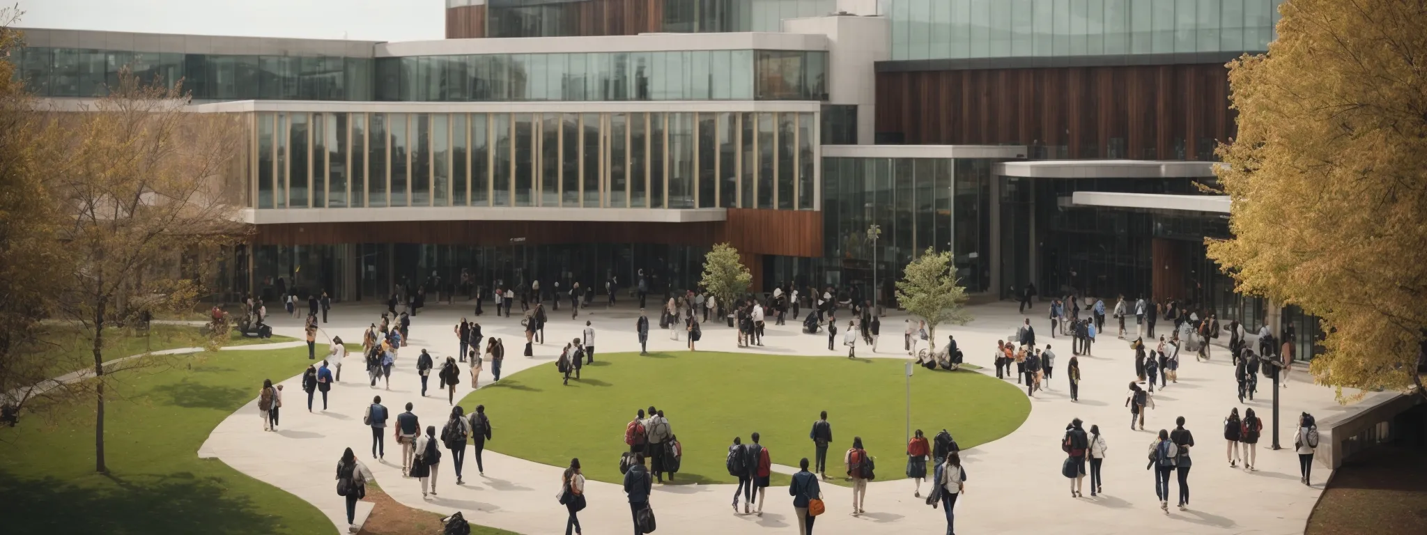 a view of a bustling university campus with students walking between modern buildings, symbolizing a connected educational community.