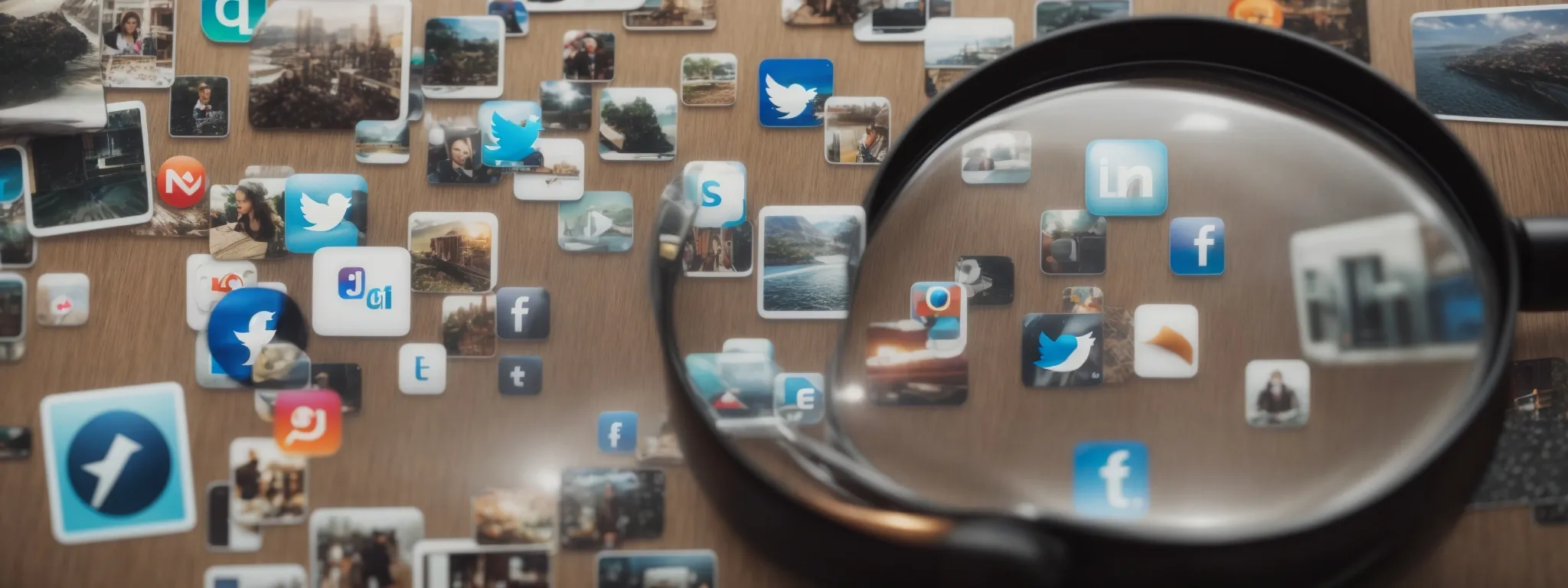 social media icons reflecting off the surface of a magnifying glass positioned over a web search bar.
