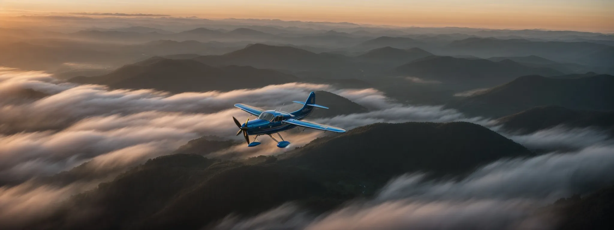 a small, single-engine aircraft takes flight at dawn, symbolizing the rise of an aviation company's local presence through specialized seo strategies.