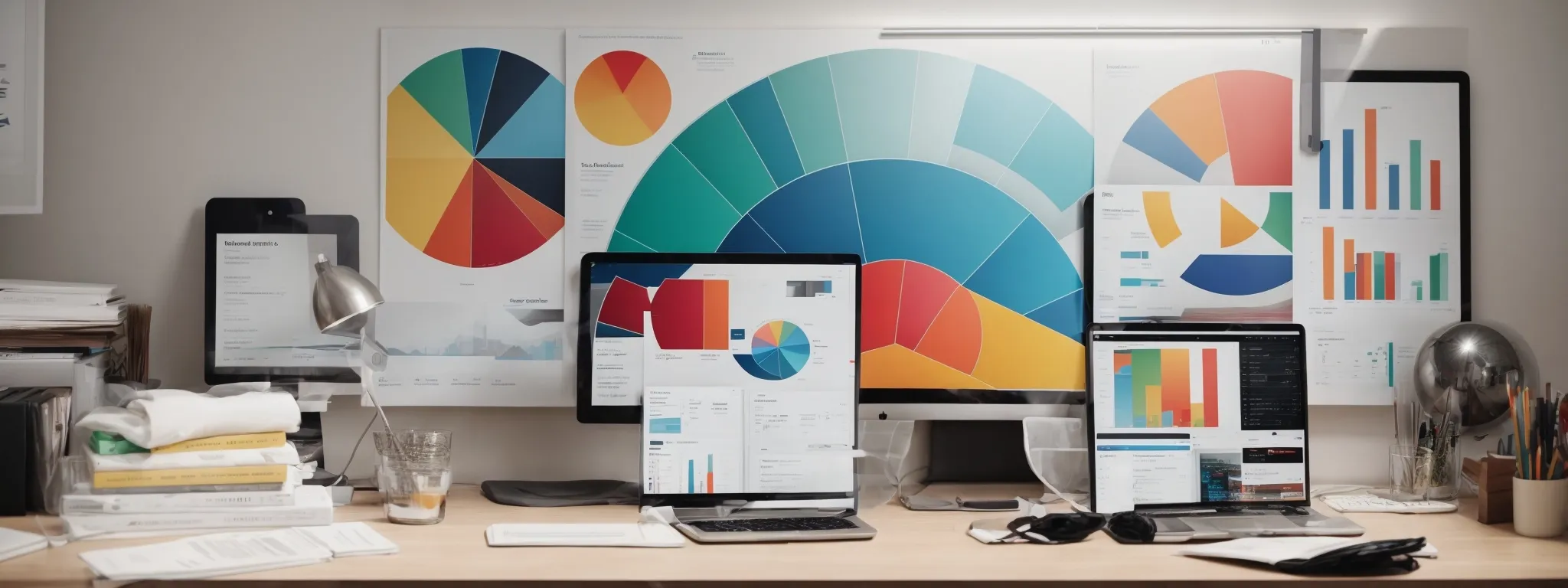 a clutter of stark, colorful pie charts and basic bar graphs looms over a minimalist desk, signaling the reductionist trend in depicting seo success.