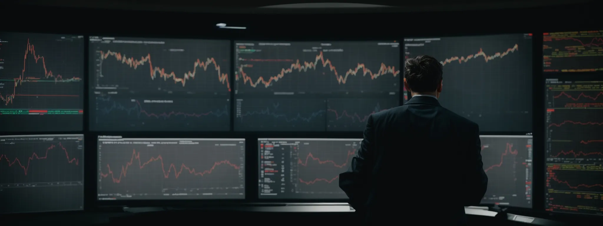 a strategist standing before a large dashboard displaying various analytics and graphs.