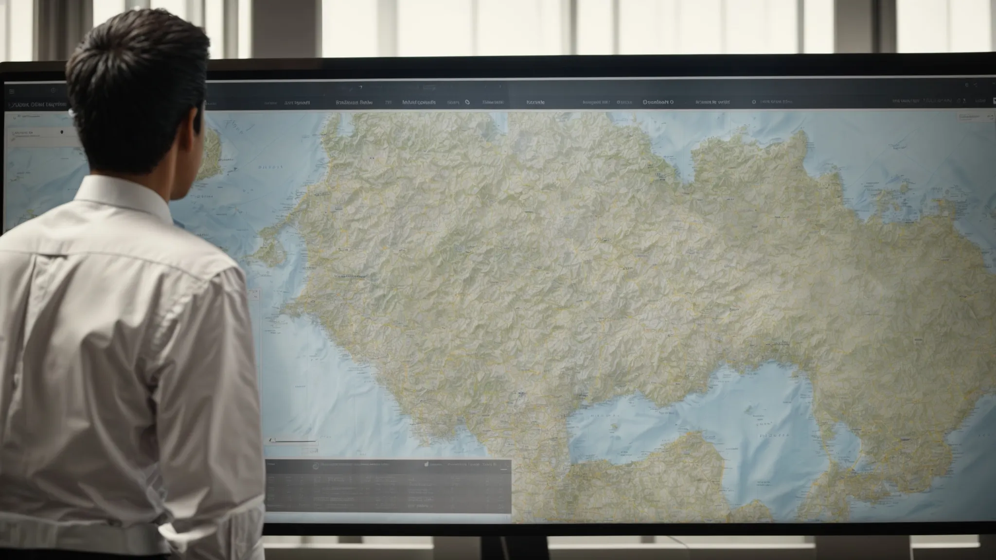 a businessman observing a large computer screen showing a map with various location pins and search result listings.