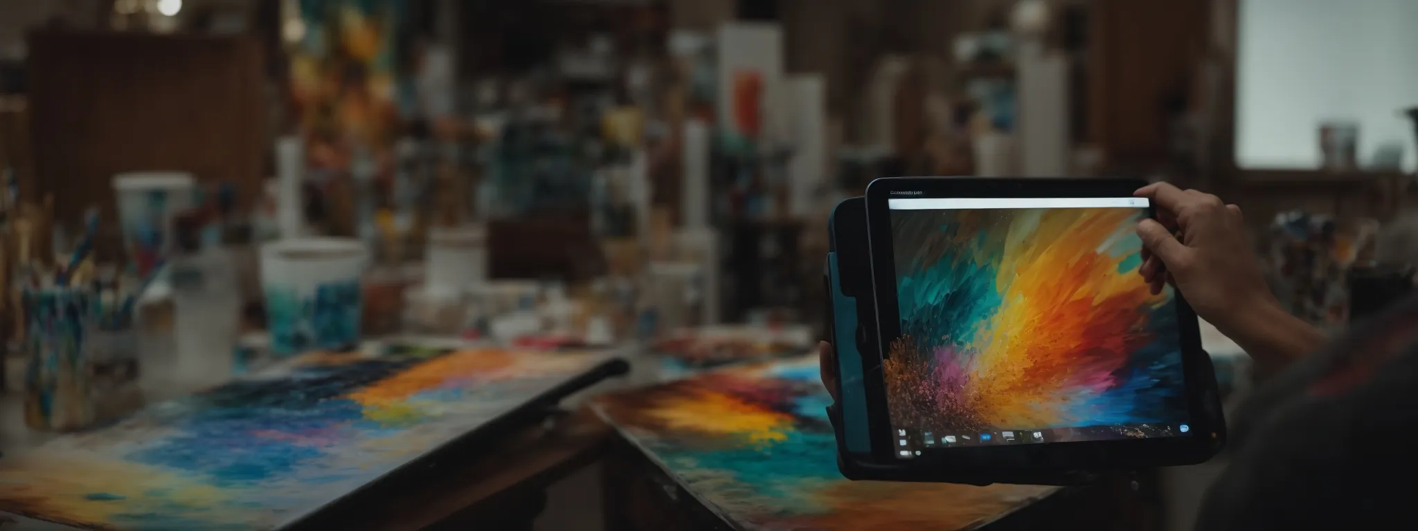 a painter showcasing vibrant artwork on a digital tablet, symbolizing the fusion of art and social media marketing.