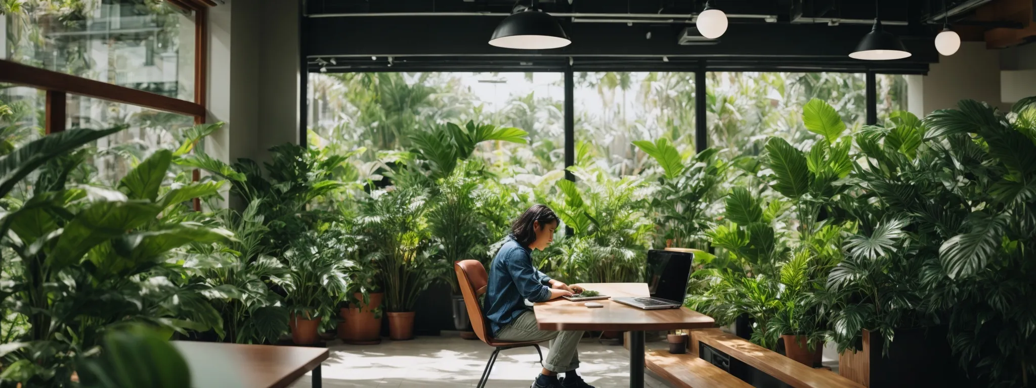 a person sitting comfortably with a laptop in a bright, modern coffee shop, focused intently on the screen amidst a backdrop of lush green indoor plants.