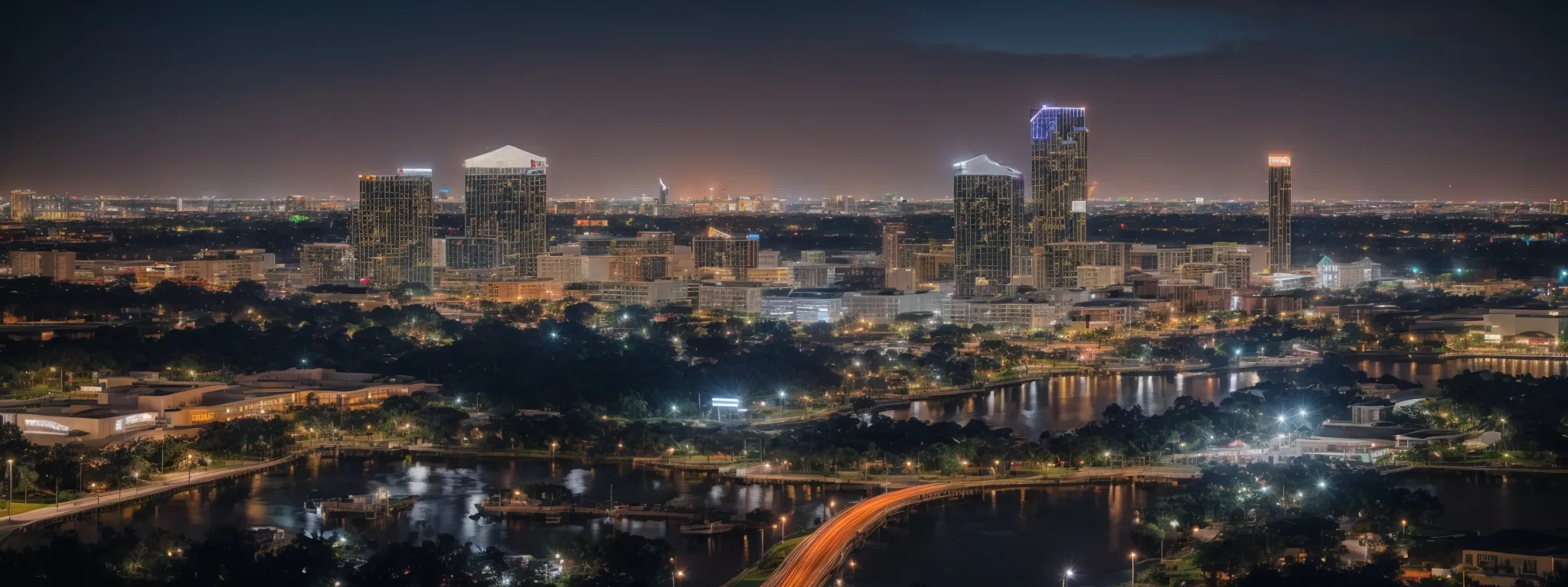 a skyline of orlando with foreground networking icons symbolizing digital connections.