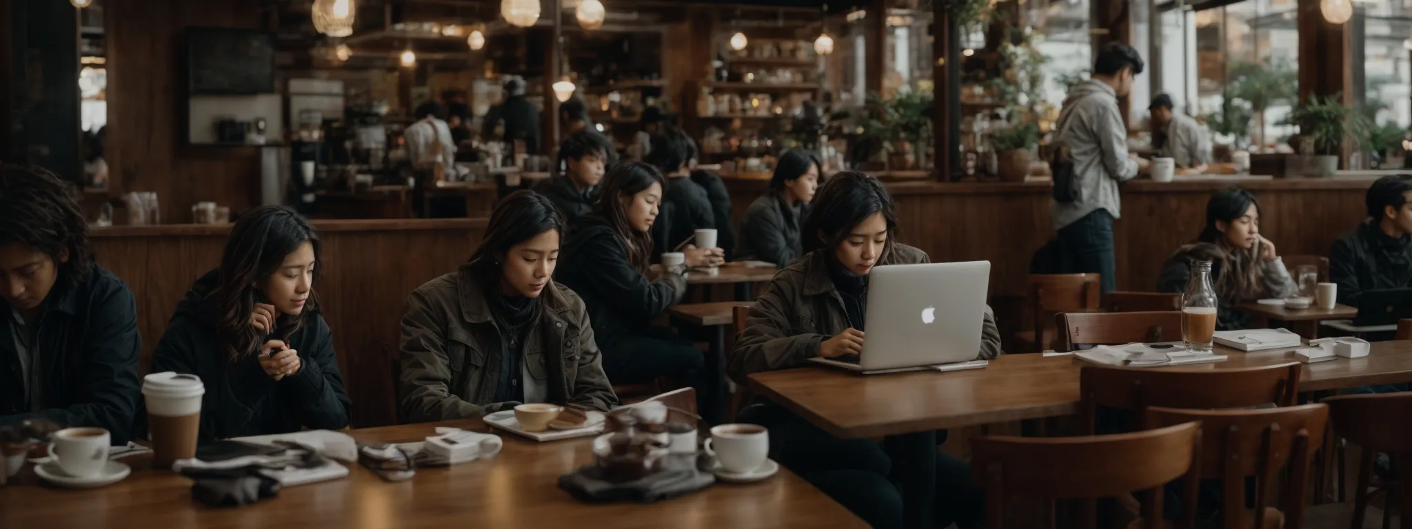 a cozy café filled with individuals intently typing on laptops and engaging in animated discussions around tables cluttered with coffee cups and notebooks.