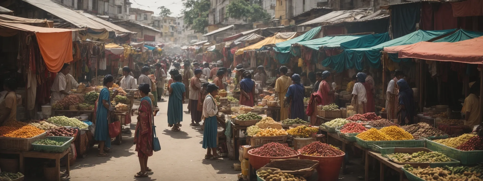 a bustling local market scene where vendors and customers interact amid colorful stalls, embodying community engagement.