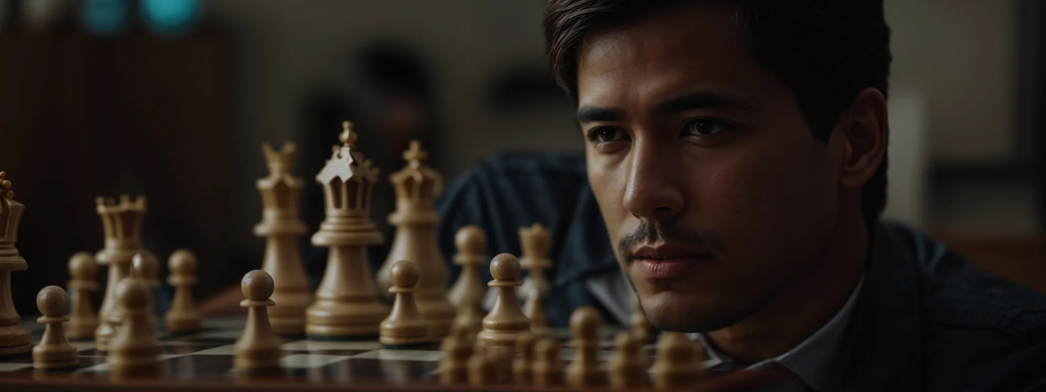 a chess player contemplates a move, symbolizing strategic planning with pieces poised for both immediate play and future victory.