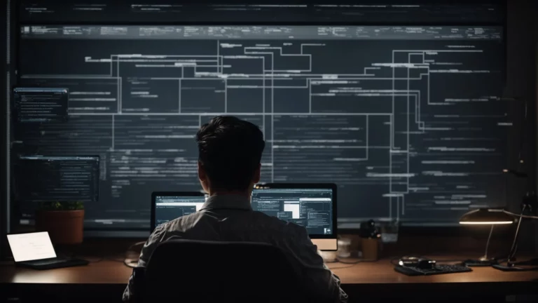a person working intently on a computer with a large flowchart on the screen representing seo strategies.