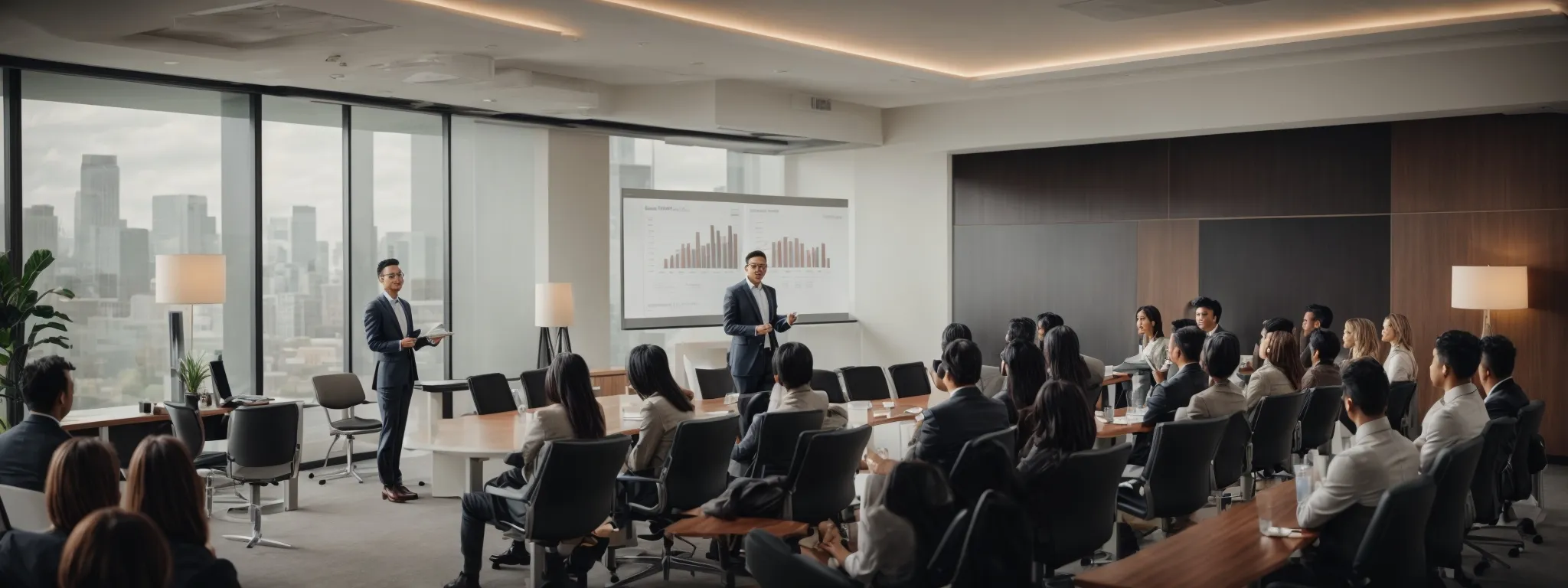 a professional giving an engaging presentation to a diverse group of businesspeople about digital marketing strategies in a modern conference room.