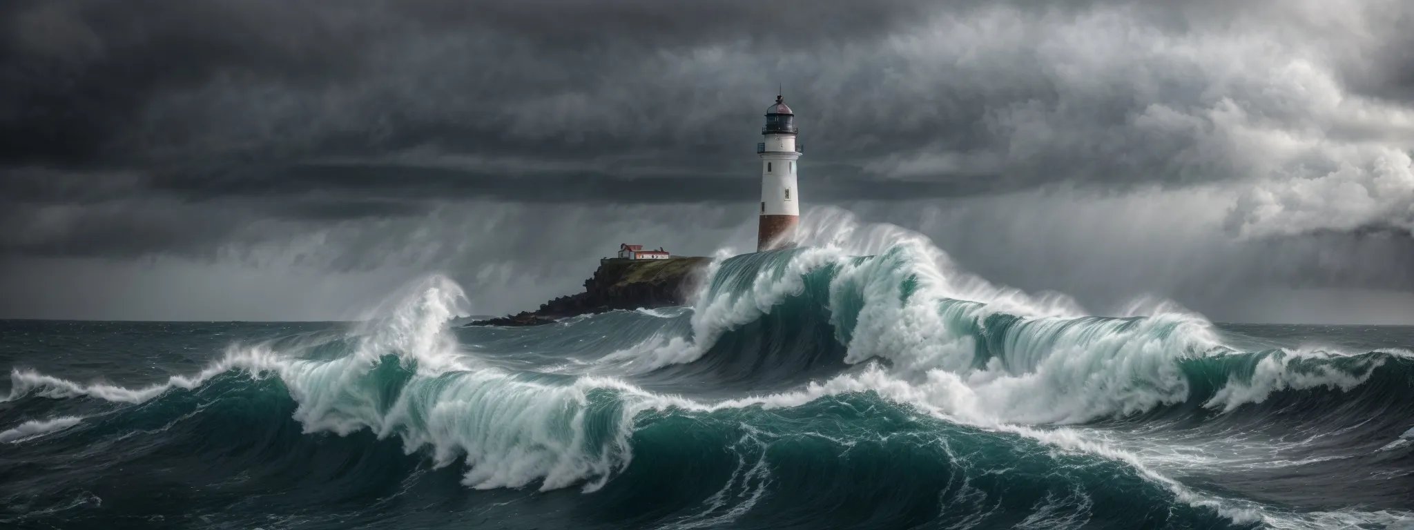 a lighthouse stands steadfast amidst turbulent ocean waves under a stormy sky, symbolizing the enduring presence of digital marketing through shifting trends.
