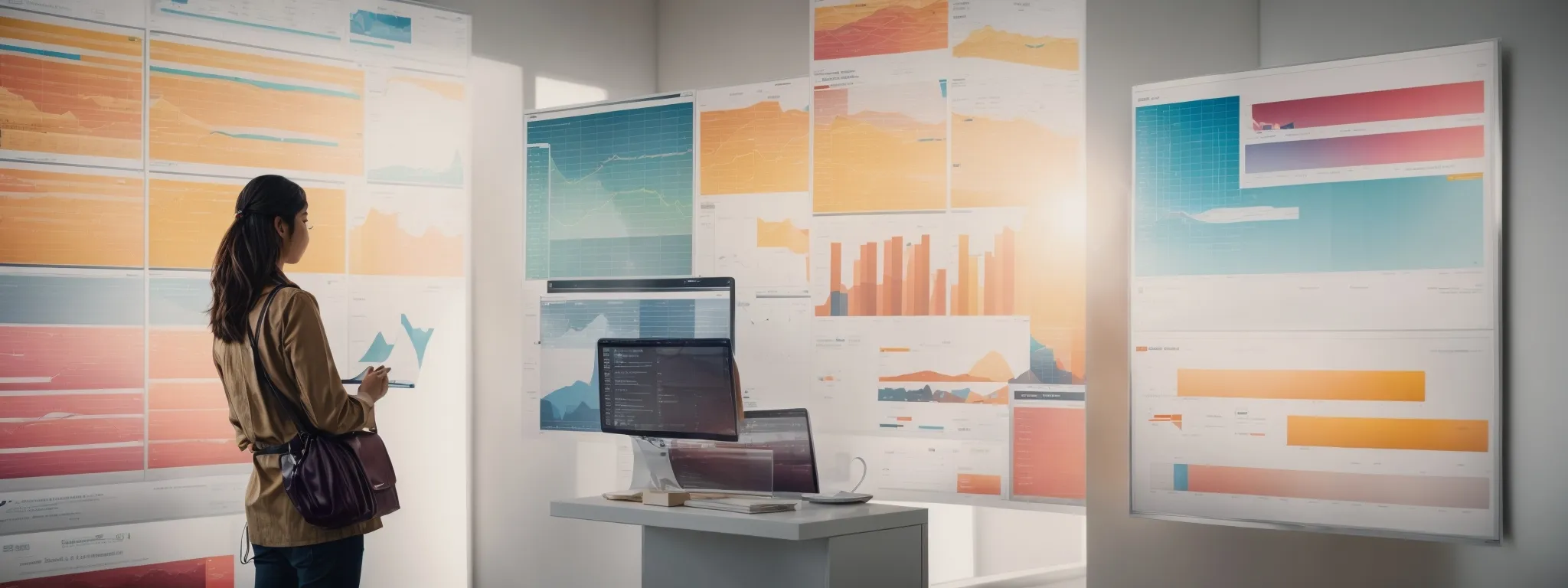 a marketer analyzing graphs and charts beside a vibrant and aesthetically appealing advertisement display.