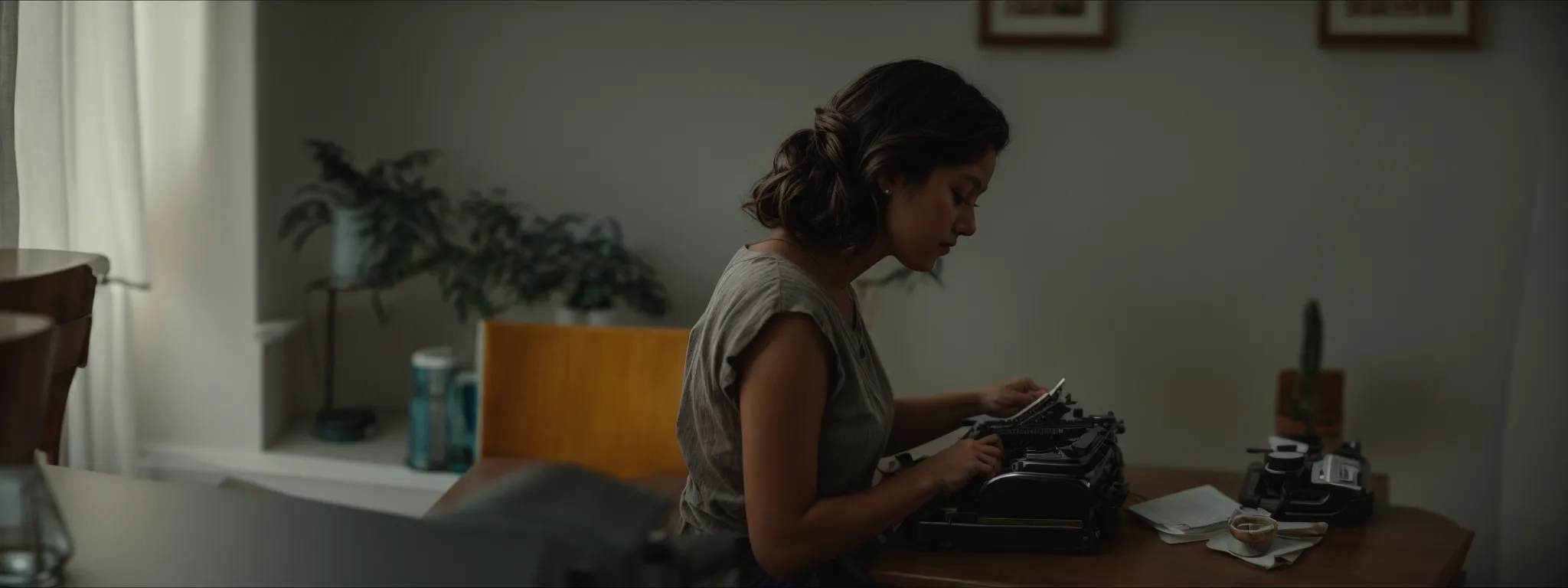a writer thoughtfully composing on a vintage typewriter in a serene, sunlit room.