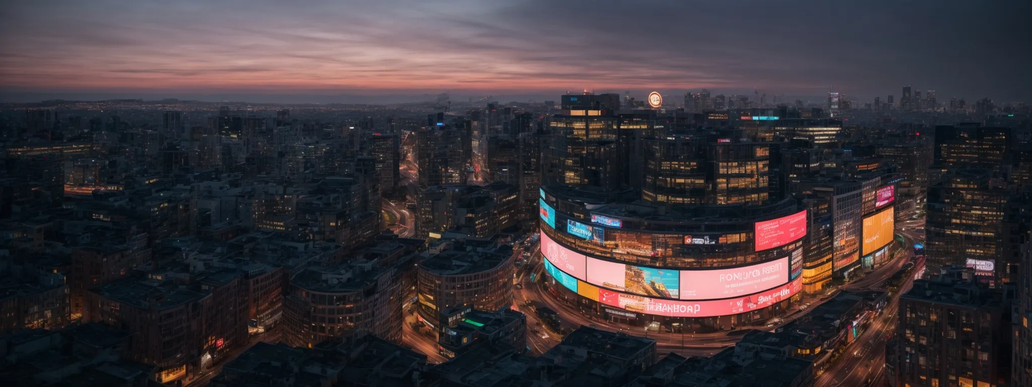 a panoramic view of glowing billboards on a curved high-rise building at dusk, symbolizing a vast online presence.