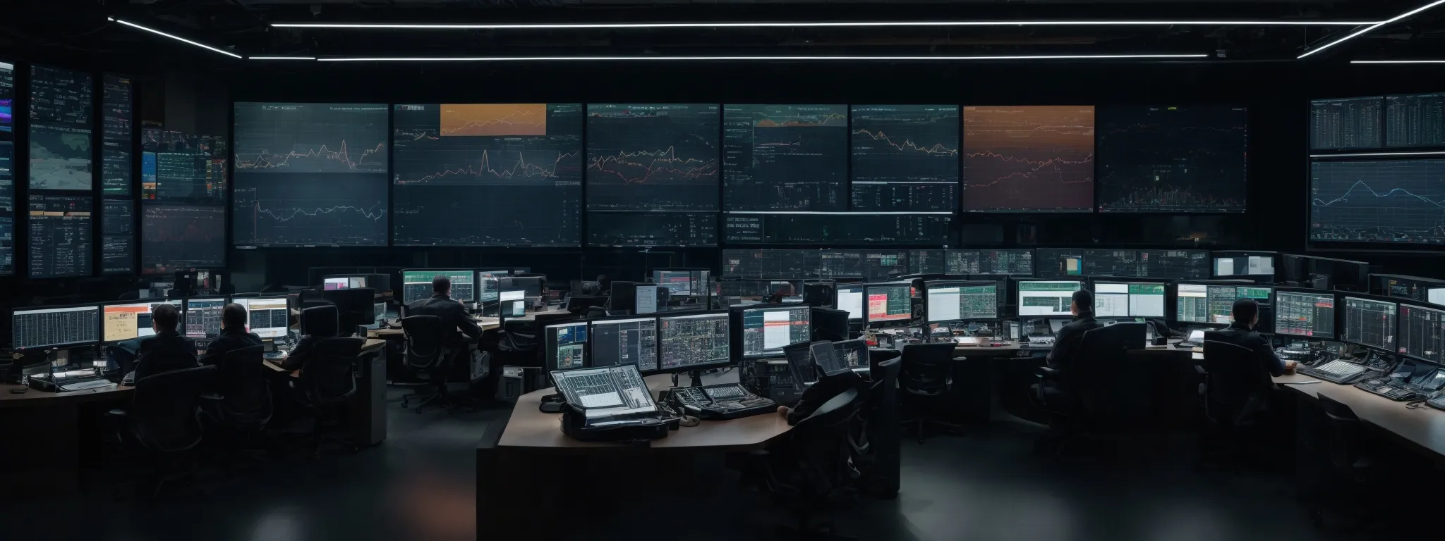 a modern, high-tech control room where operators monitor automated systems orchestrating digital marketing campaigns on large screens.