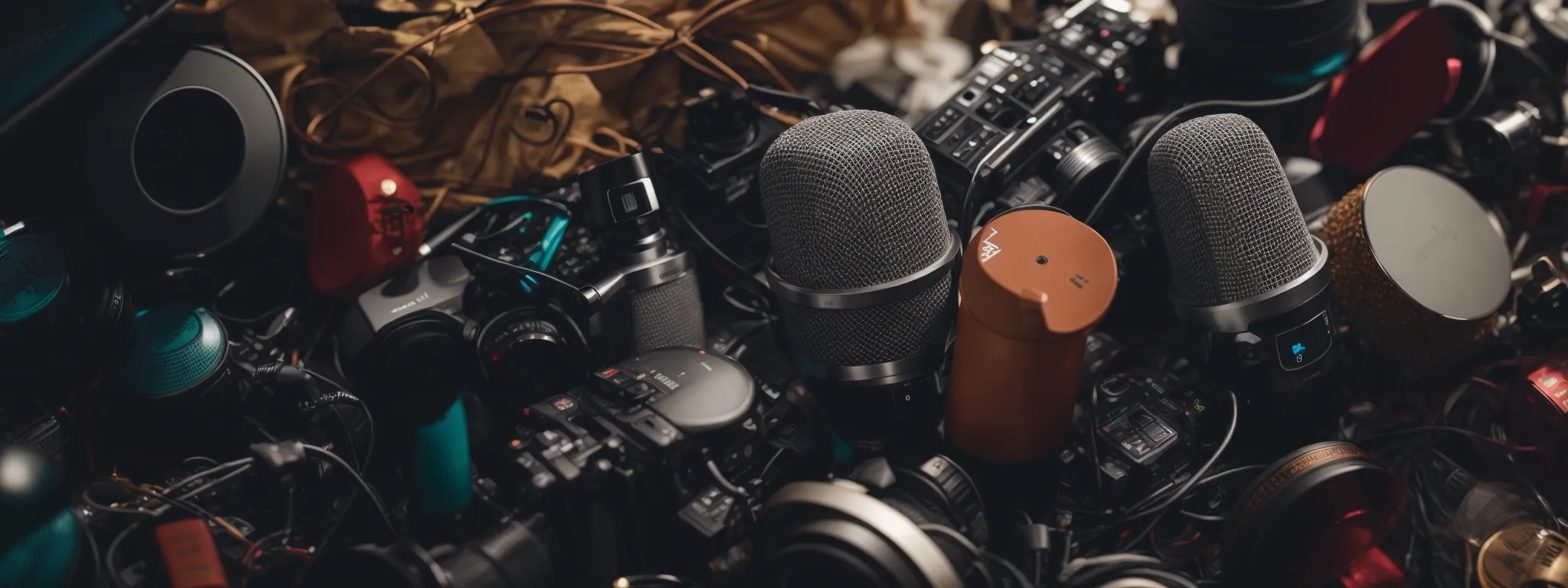 a microphone surrounded by digital icons symbolizing podcast streaming and seo elements.