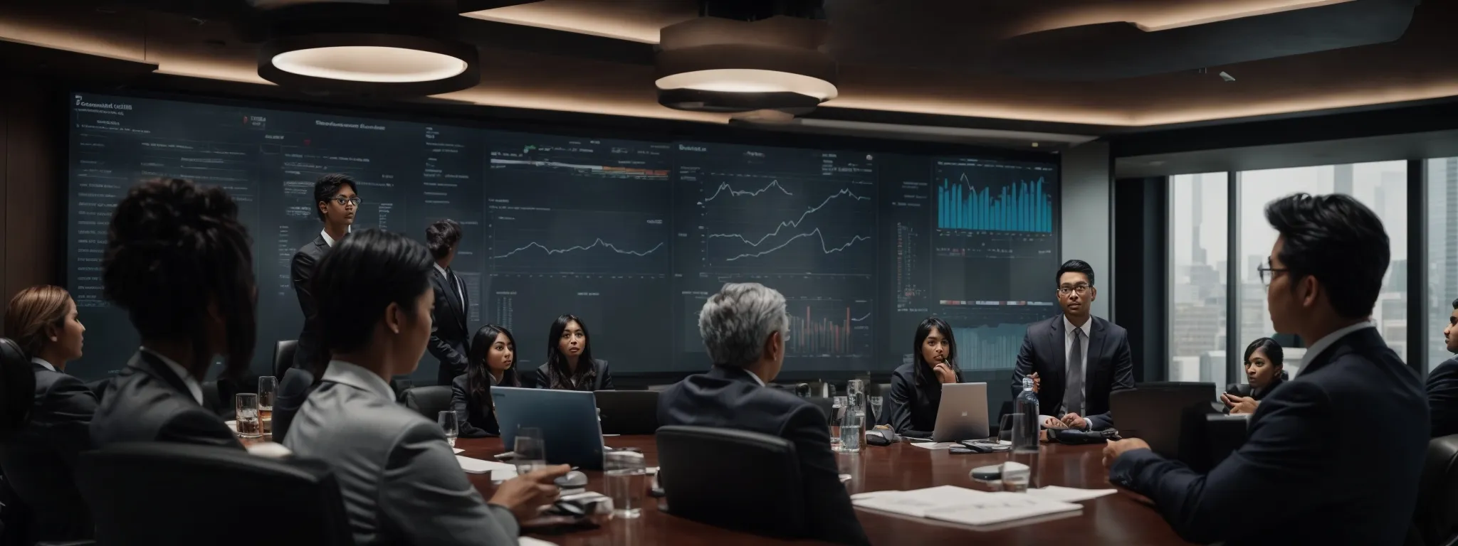 a corporate boardroom filled with diverse professionals discussing strategies over a large digital screen displaying analytics and graphs.