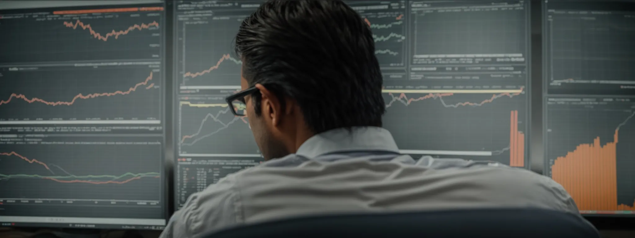a business executive intently scrutinizing graphs depicting long-term seo investment returns on a computer screen.