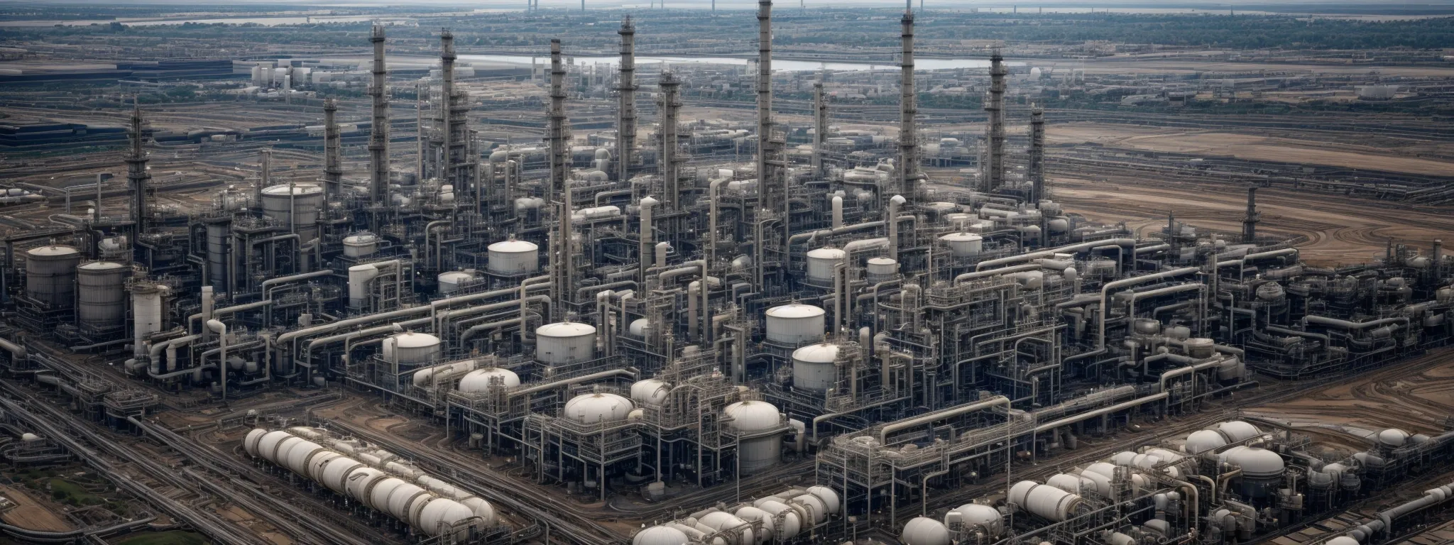 a wide-angle view of a sprawling oil refinery with modern infrastructure under a clear sky, symbolizing high-performance and well-optimized industry operations.