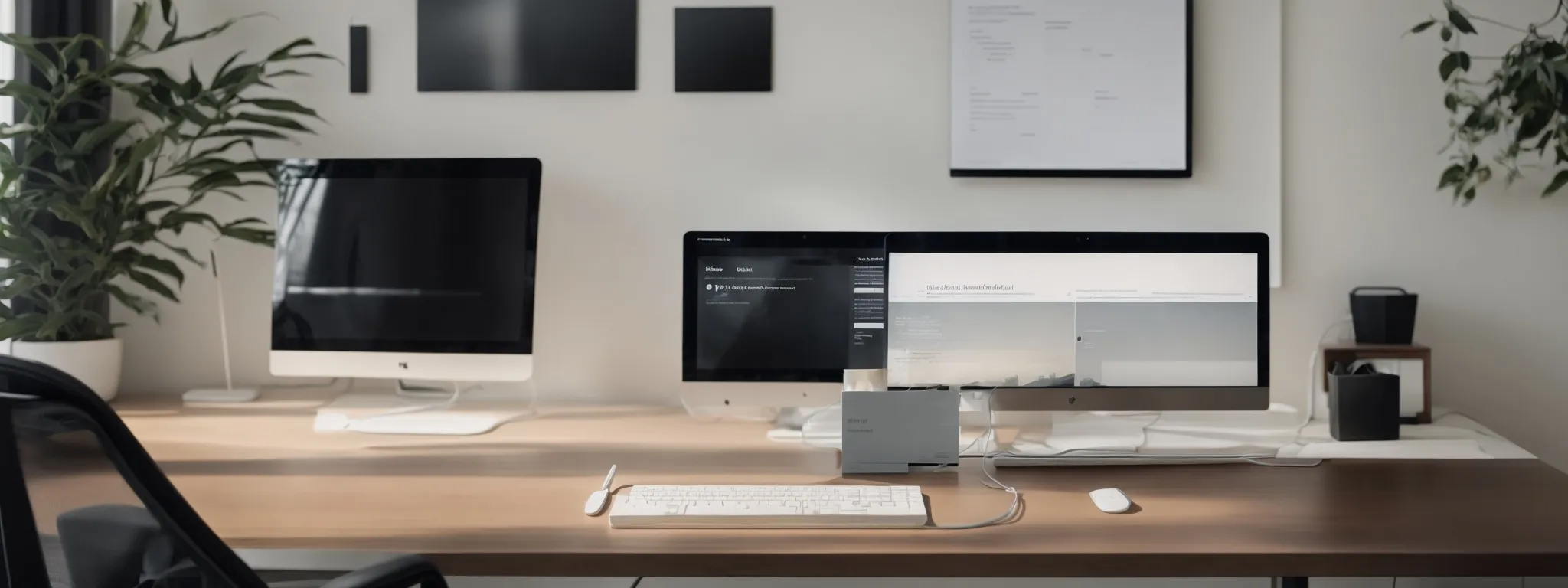 a minimalist office setup with a sleek, modern computer displaying a neatly coded website on its screen.