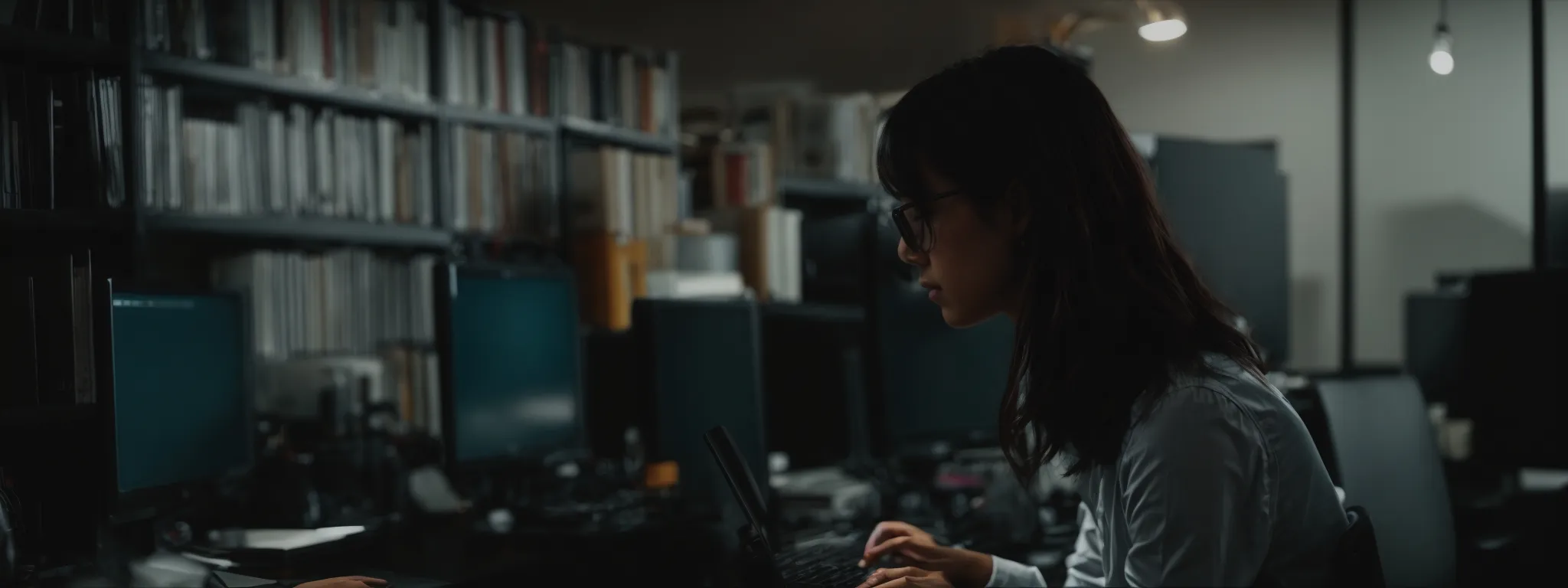 a focused individual typing on a computer in a well-organized office setup.