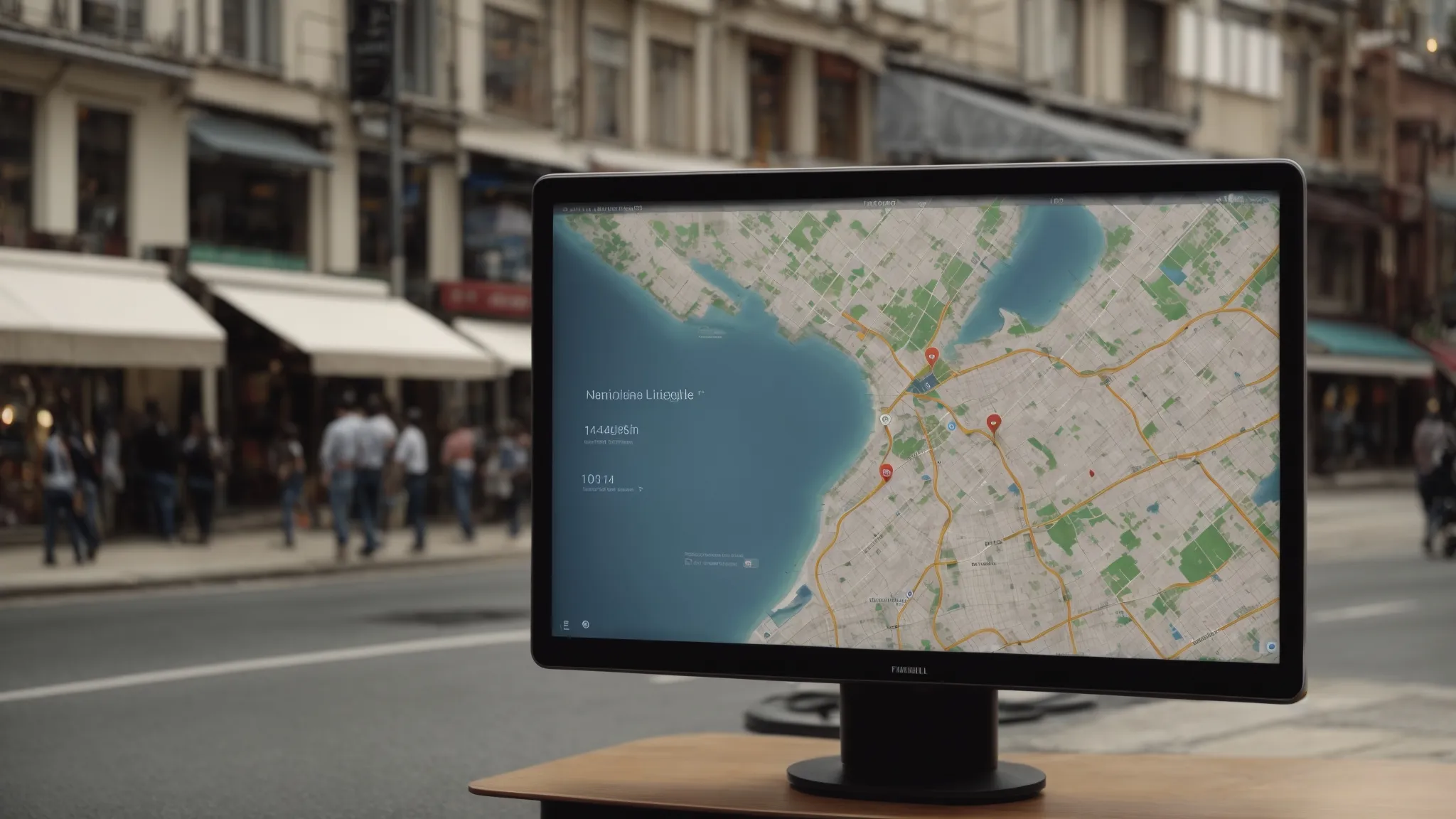 a computer screen displaying a map marker poised over a bustling street, signalling a local business presence.