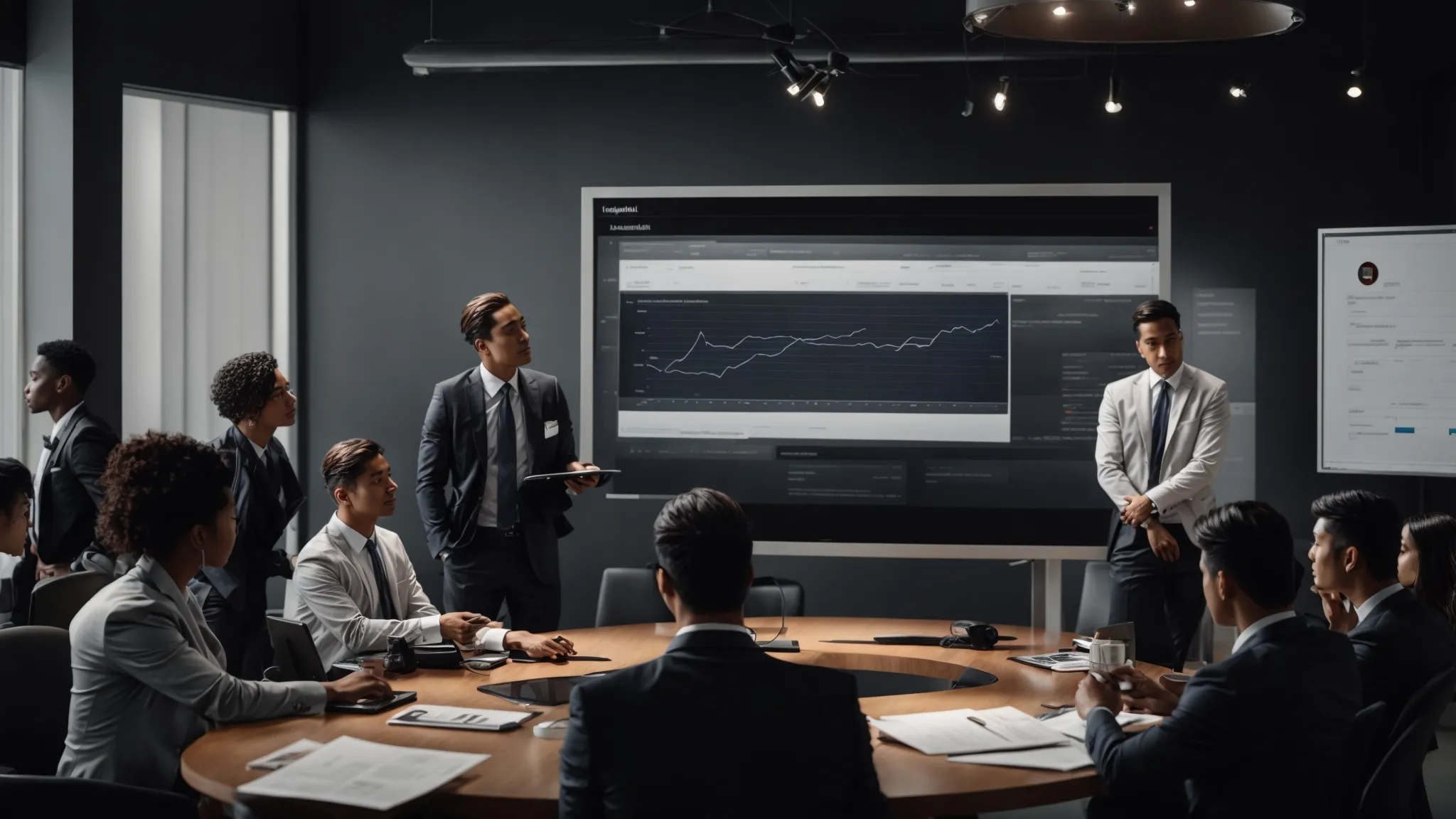 a marketing team analyzes a dynamic dashboard on a large screen, adjusting elements to align with the feedback provided by a diverse group of clients seated around the conference table.