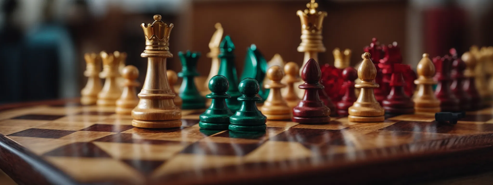a close-up on a vibrant chessboard with discerning pieces engaged in mid-game, symbolizing strategic seo battle.