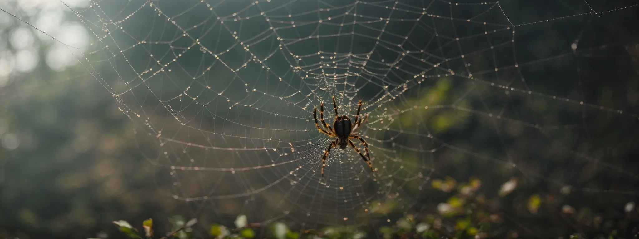 a close-up of a spider weaving its intricate web, exemplifying the complexity of building a strong and interconnected online presence.