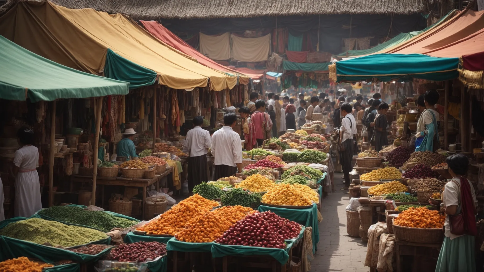 a bustling marketplace with colorful stalls displaying a variety of products and people engaging with vendors.