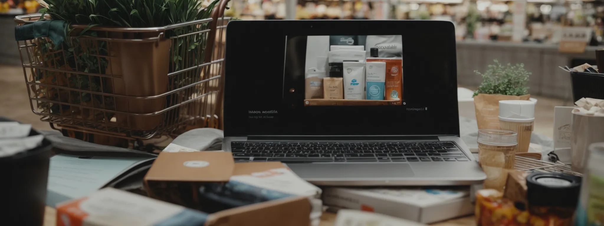 a laptop with social media streams opened beside a shopping cart filled with boxed products.
