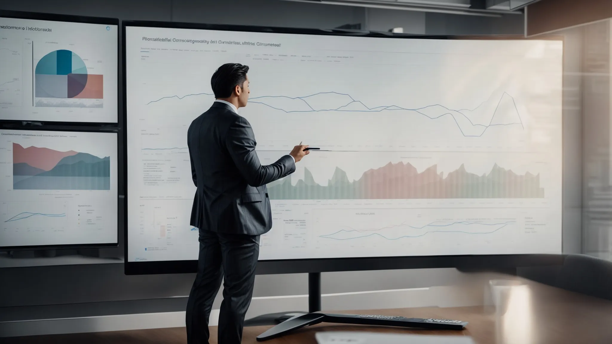 a confident individual analyzing graphs and charts on a large monitor in a modern office setting.