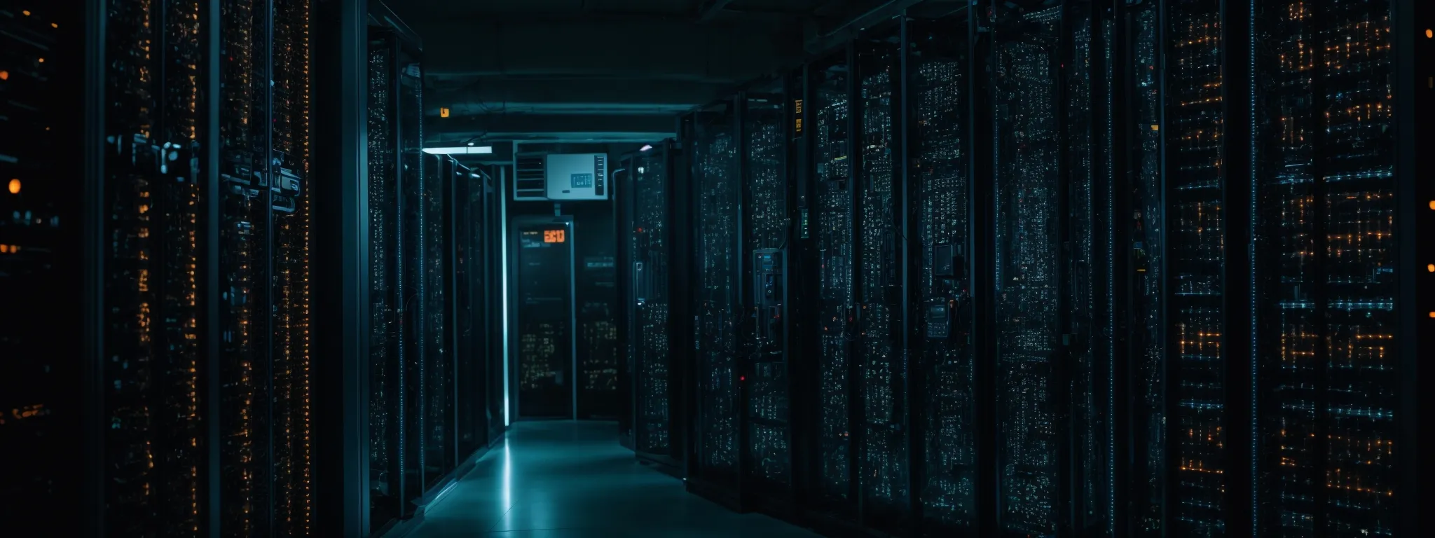 a secure, padlock-encrusted data center with glowing, interconnected servers.