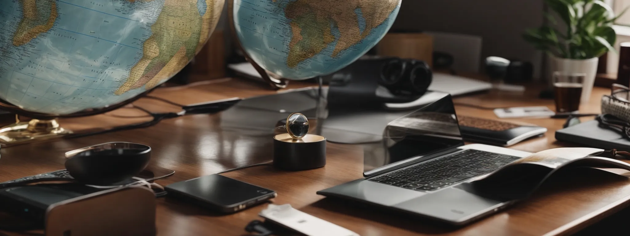 a globe and a laptop displaying a world map rest on a desk, symbolizing a strategic approach to global and local seo.