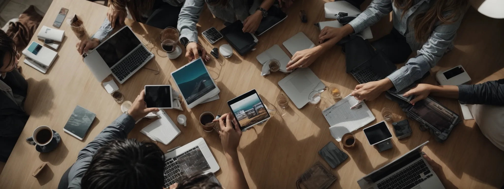 a team gathers around a large table, each member engrossed with different devices, symbolizing a coordinated multi-channel marketing strategy session.