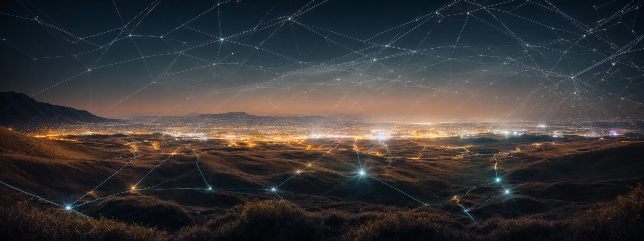 a panoramic view of a vast digital landscape filled with interconnected nodes and glowing pathways, symbolizing a network of backlinks.